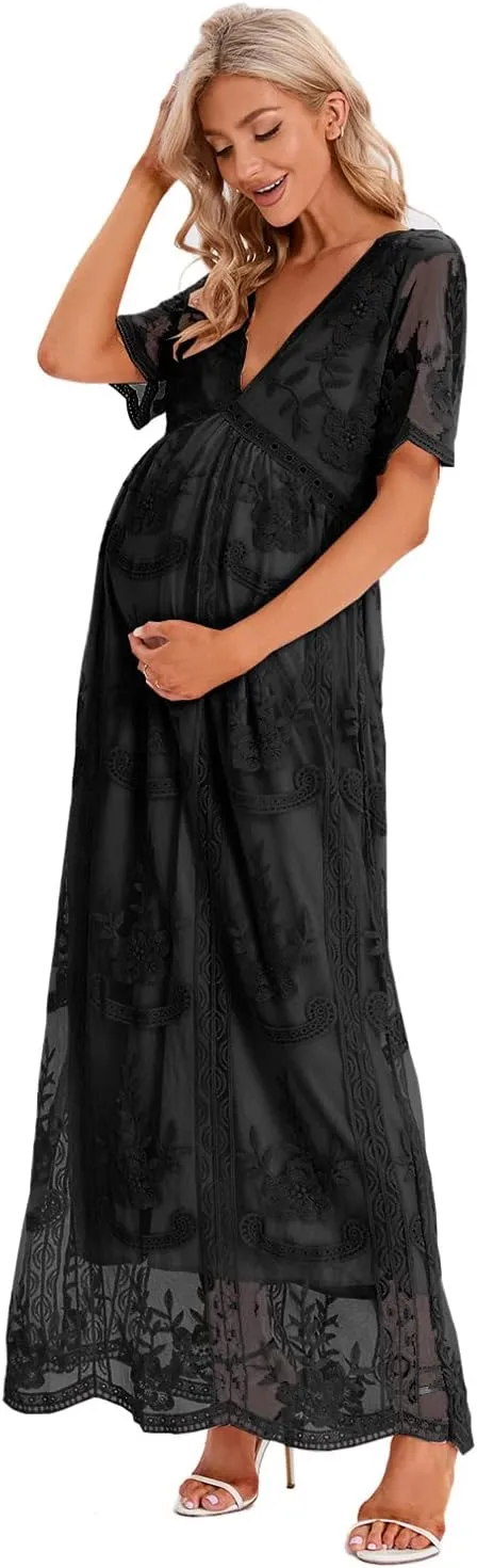 ZIUMUDY Maternity Floral Lace V Neck Wedding Dress Short Sleeve Maternity Long Dress for Photoshoot Baby Shower