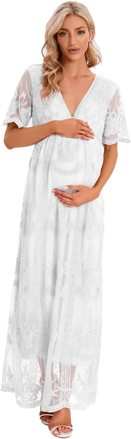 ZIUMUDY Maternity Floral Lace V Neck Wedding Dress Short Sleeve Maternity Long Dress for Photoshoot Baby Shower