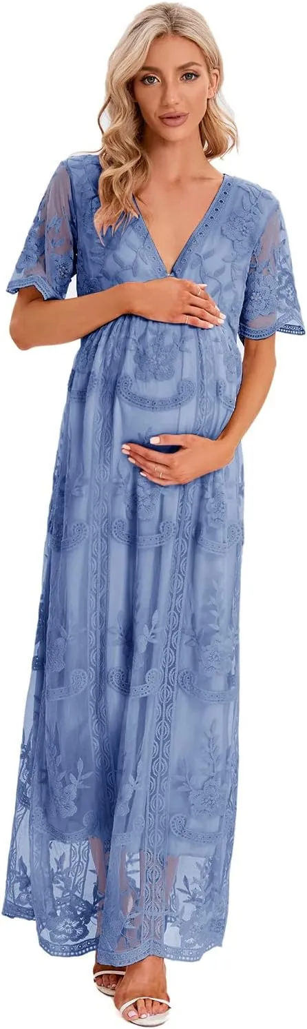 ZIUMUDY Maternity Floral Lace V Neck Wedding Dress Short Sleeve Maternity Long Dress for Photoshoot Baby Shower