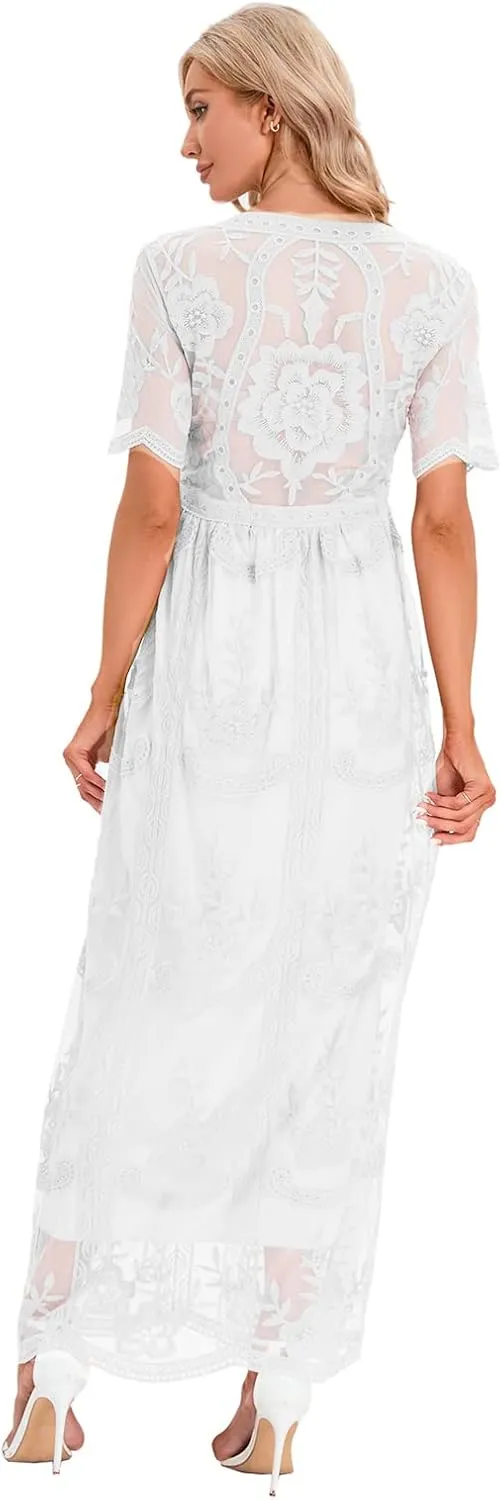 ZIUMUDY Maternity Floral Lace V Neck Wedding Dress Short Sleeve Maternity Long Dress for Photoshoot Baby Shower