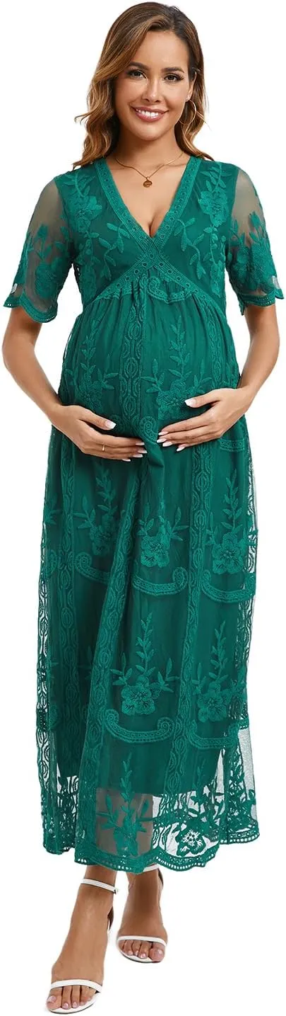 ZIUMUDY Maternity Floral Lace V Neck Wedding Dress Short Sleeve Maternity Long Dress for Photoshoot Baby Shower