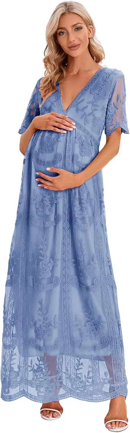 ZIUMUDY Maternity Floral Lace V Neck Wedding Dress Short Sleeve Maternity Long Dress for Photoshoot Baby Shower