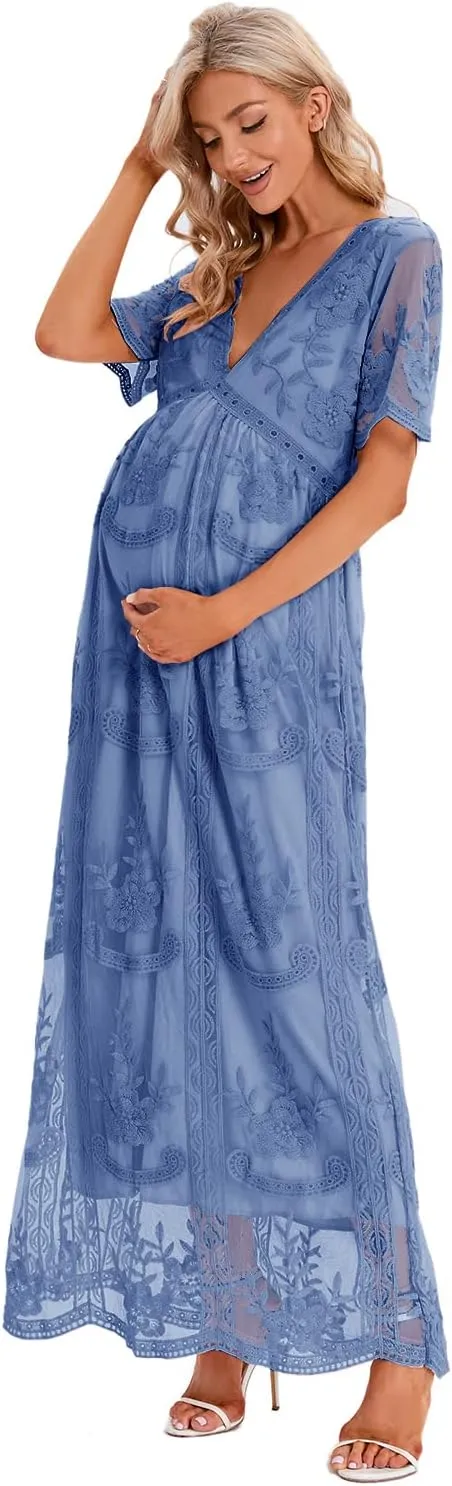 ZIUMUDY Maternity Floral Lace V Neck Wedding Dress Short Sleeve Maternity Long Dress for Photoshoot Baby Shower