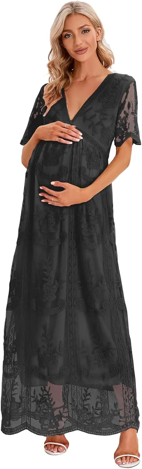 ZIUMUDY Maternity Floral Lace V Neck Wedding Dress Short Sleeve Maternity Long Dress for Photoshoot Baby Shower
