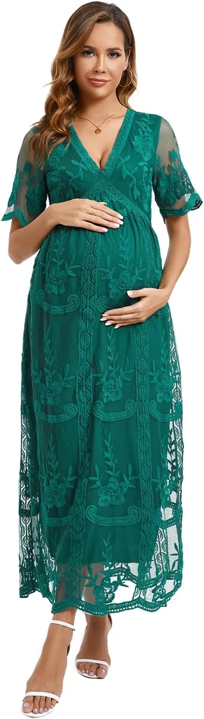 ZIUMUDY Maternity Floral Lace V Neck Wedding Dress Short Sleeve Maternity Long Dress for Photoshoot Baby Shower