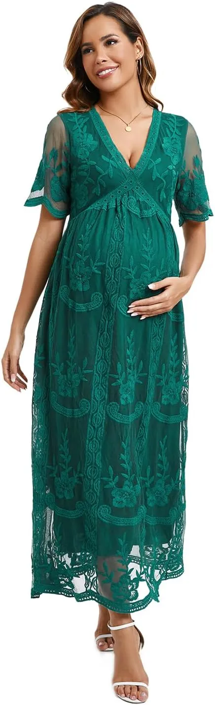 ZIUMUDY Maternity Floral Lace V Neck Wedding Dress Short Sleeve Maternity Long Dress for Photoshoot Baby Shower