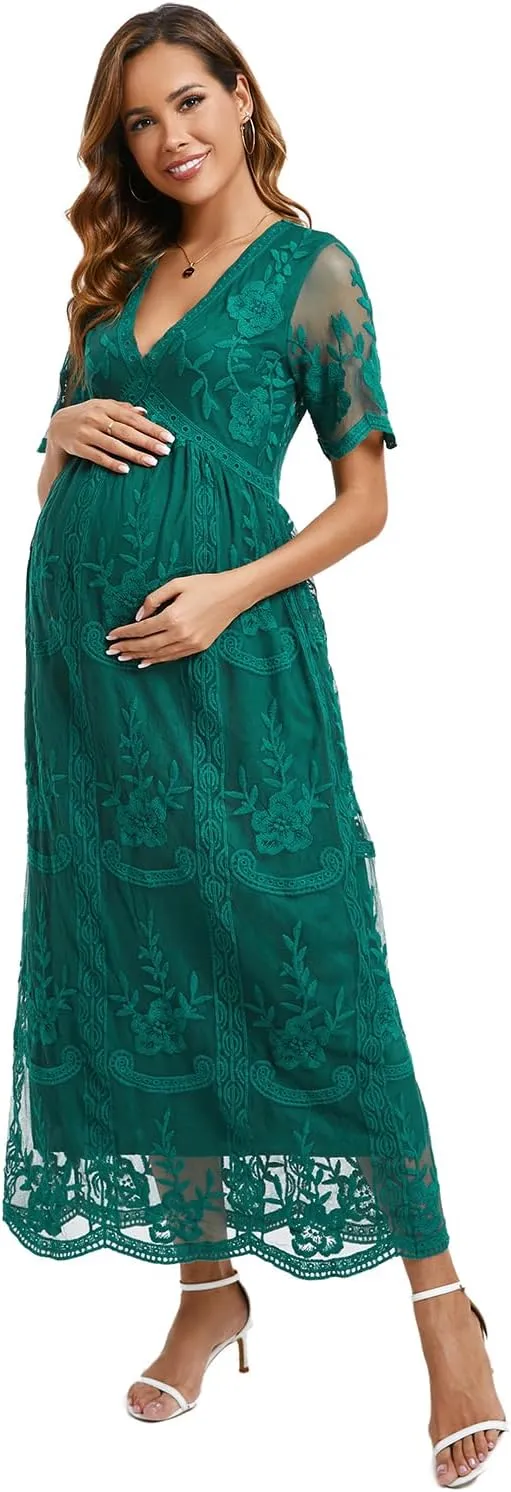 ZIUMUDY Maternity Floral Lace V Neck Wedding Dress Short Sleeve Maternity Long Dress for Photoshoot Baby Shower