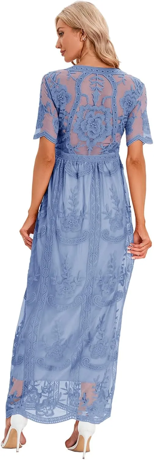 ZIUMUDY Maternity Floral Lace V Neck Wedding Dress Short Sleeve Maternity Long Dress for Photoshoot Baby Shower