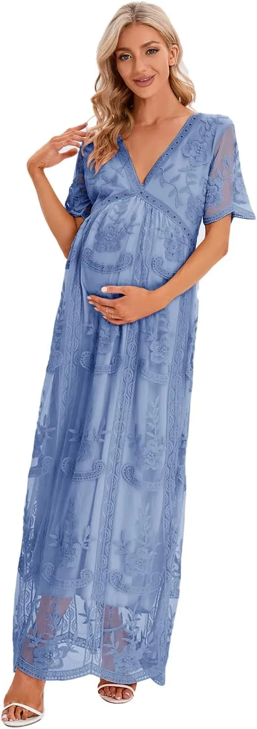 ZIUMUDY Maternity Floral Lace V Neck Wedding Dress Short Sleeve Maternity Long Dress for Photoshoot Baby Shower