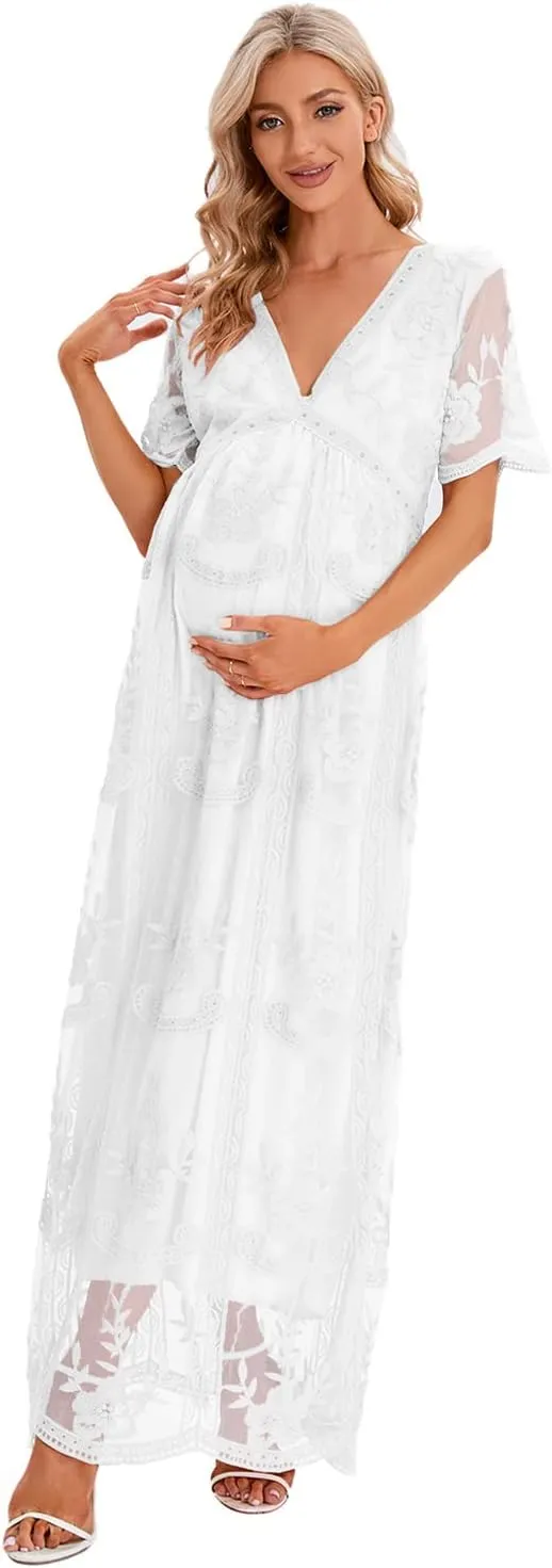ZIUMUDY Maternity Floral Lace V Neck Wedding Dress Short Sleeve Maternity Long Dress for Photoshoot Baby Shower